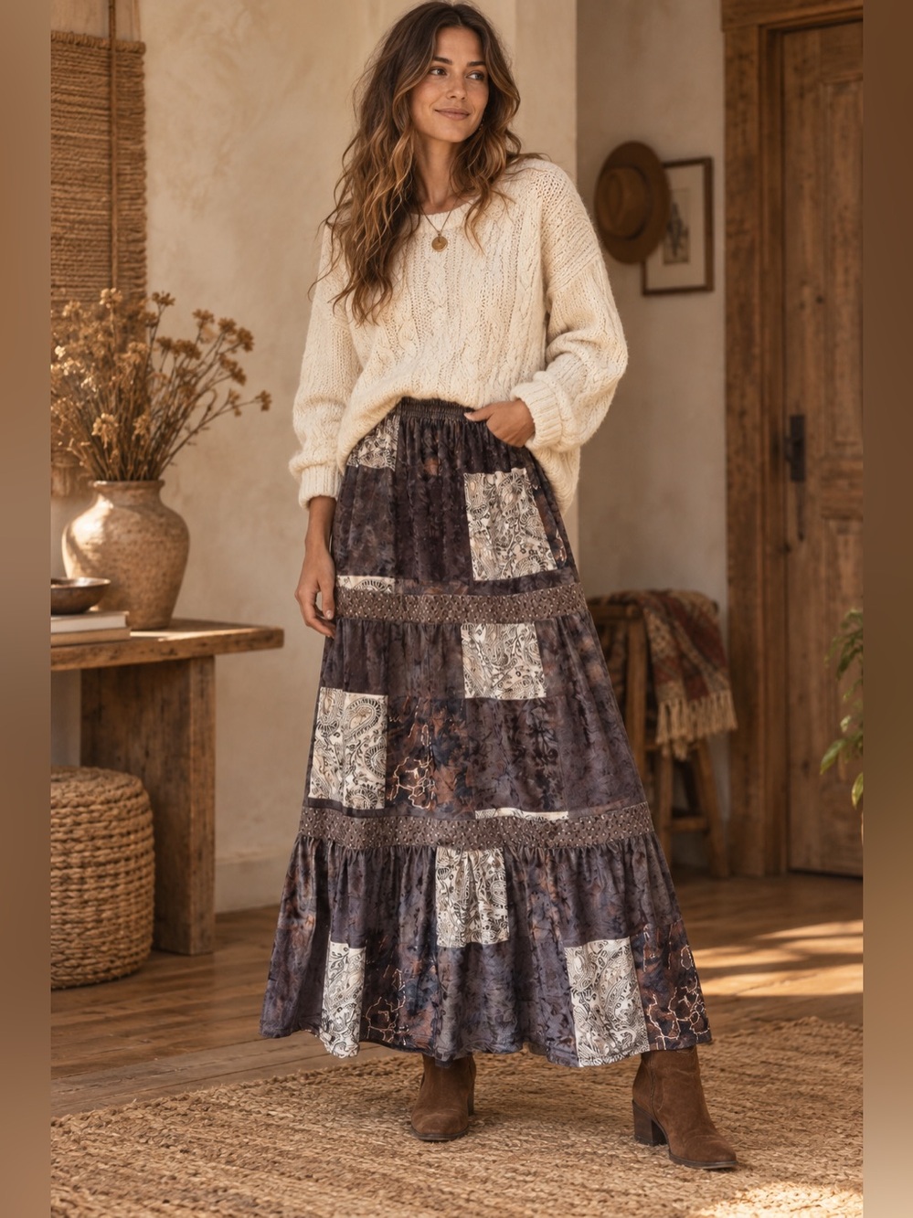 25. Vintage Boho Patchwork
Crushed Velvet Tiered
Maxi Skirt size s - Picture 1 of 7